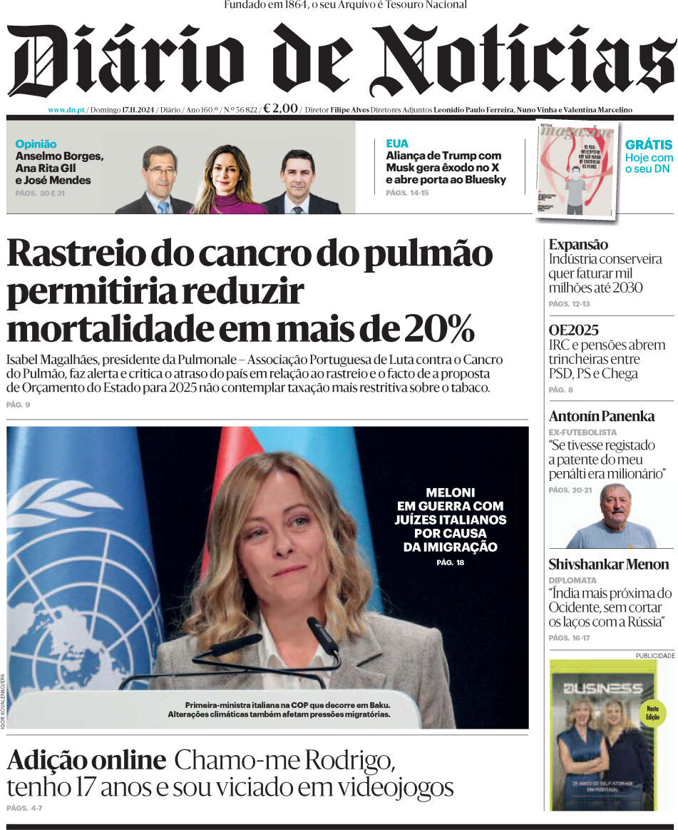 Di&aacute;rio de Not&iacute;cias: Capa da Edi&ccedil;&atilde;o de domingo, 17 de novembro 2024