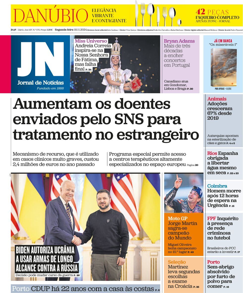 Jornal de Not&iacute;cias: Capa da Edi&ccedil;&atilde;o de segunda-feira, 18 de novembro 2024