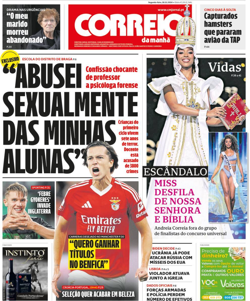 Correio da Manh&atilde;: Capa da Edi&ccedil;&atilde;o de segunda-feira, 18 de novembro 2024