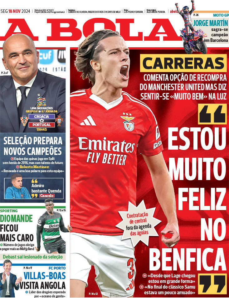 A Bola: Capa da Edi&ccedil;&atilde;o de segunda-feira, 18 de novembro 2024