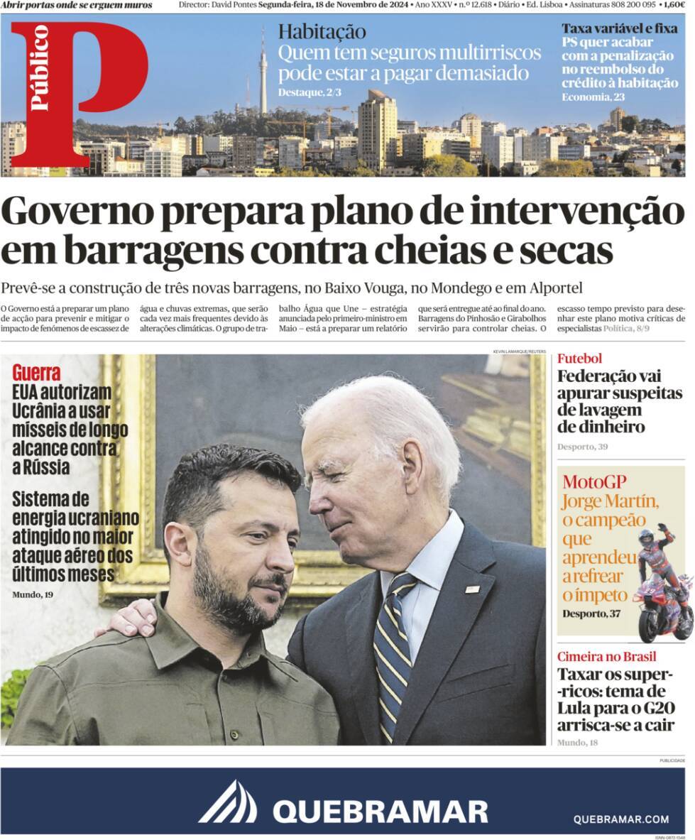 P&uacute;blico: Capa da Edi&ccedil;&atilde;o de segunda-feira, 18 de novembro 2024