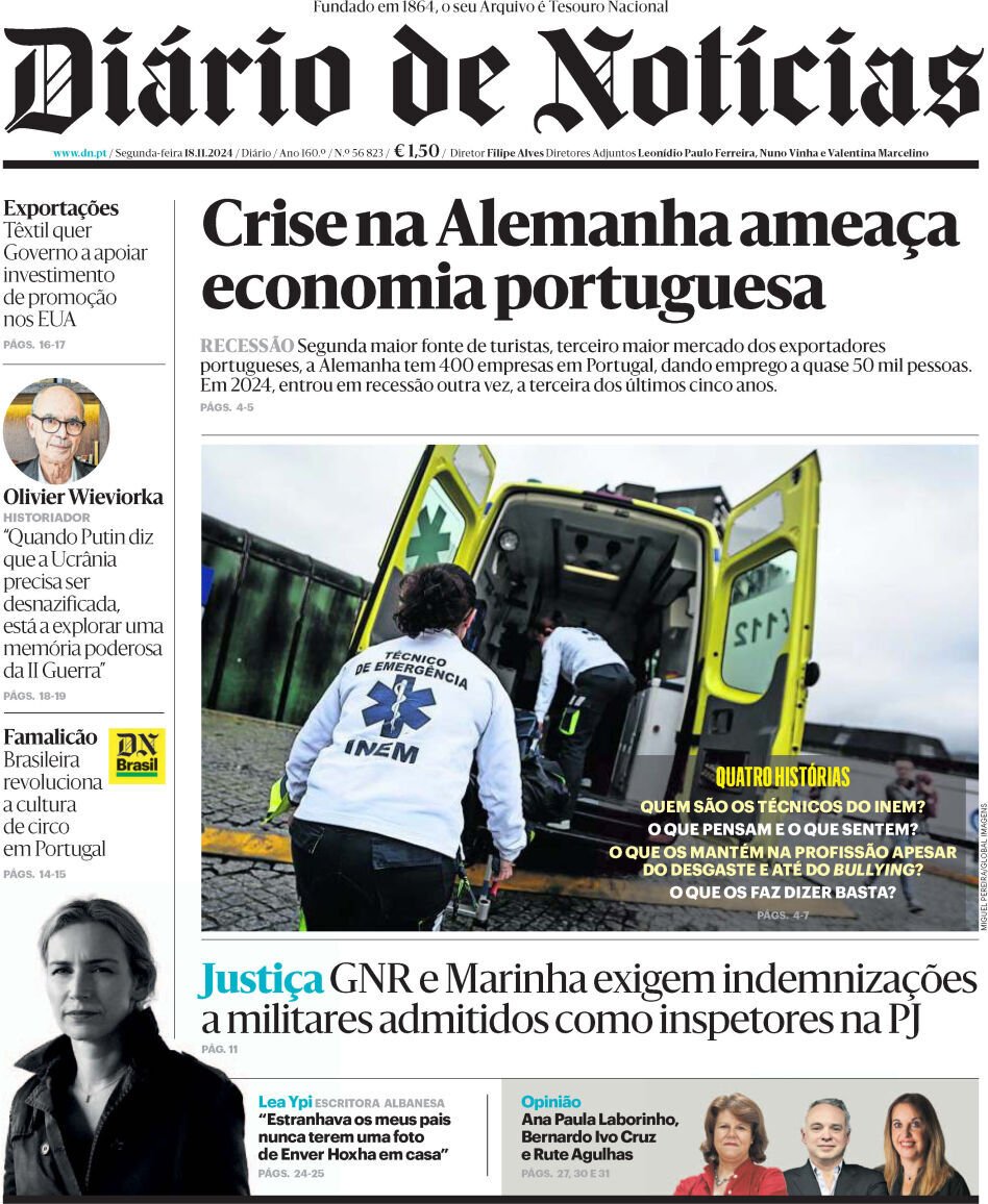 Di&aacute;rio de Not&iacute;cias: Capa da Edi&ccedil;&atilde;o de segunda-feira, 18 de novembro 2024