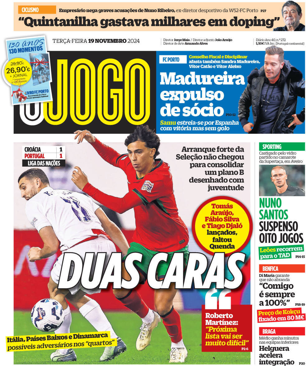 O Jogo: Capa da Edi&ccedil;&atilde;o de ter&ccedil;a-feira, 19 de novembro 2024