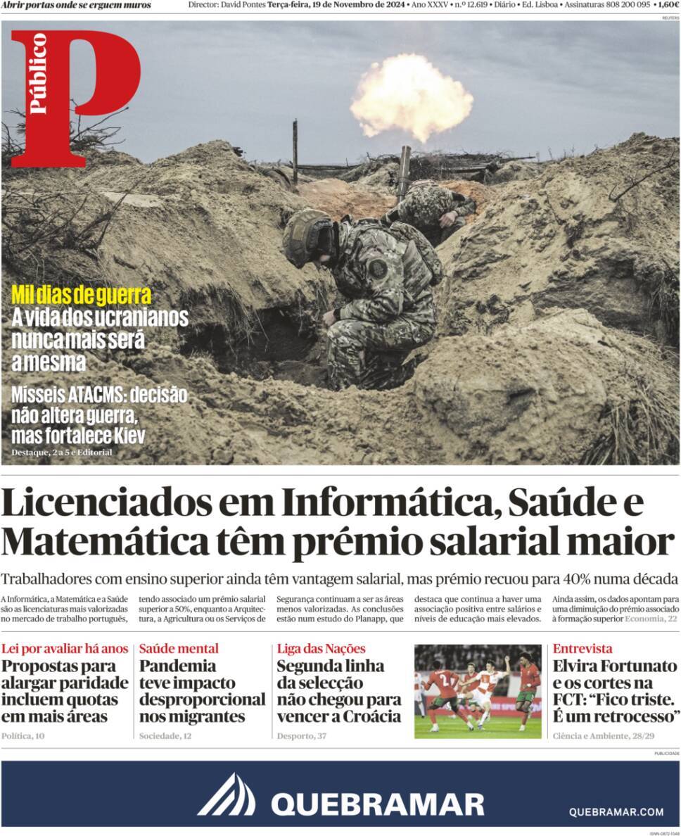 P&uacute;blico: Capa da Edi&ccedil;&atilde;o de ter&ccedil;a-feira, 19 de novembro 2024