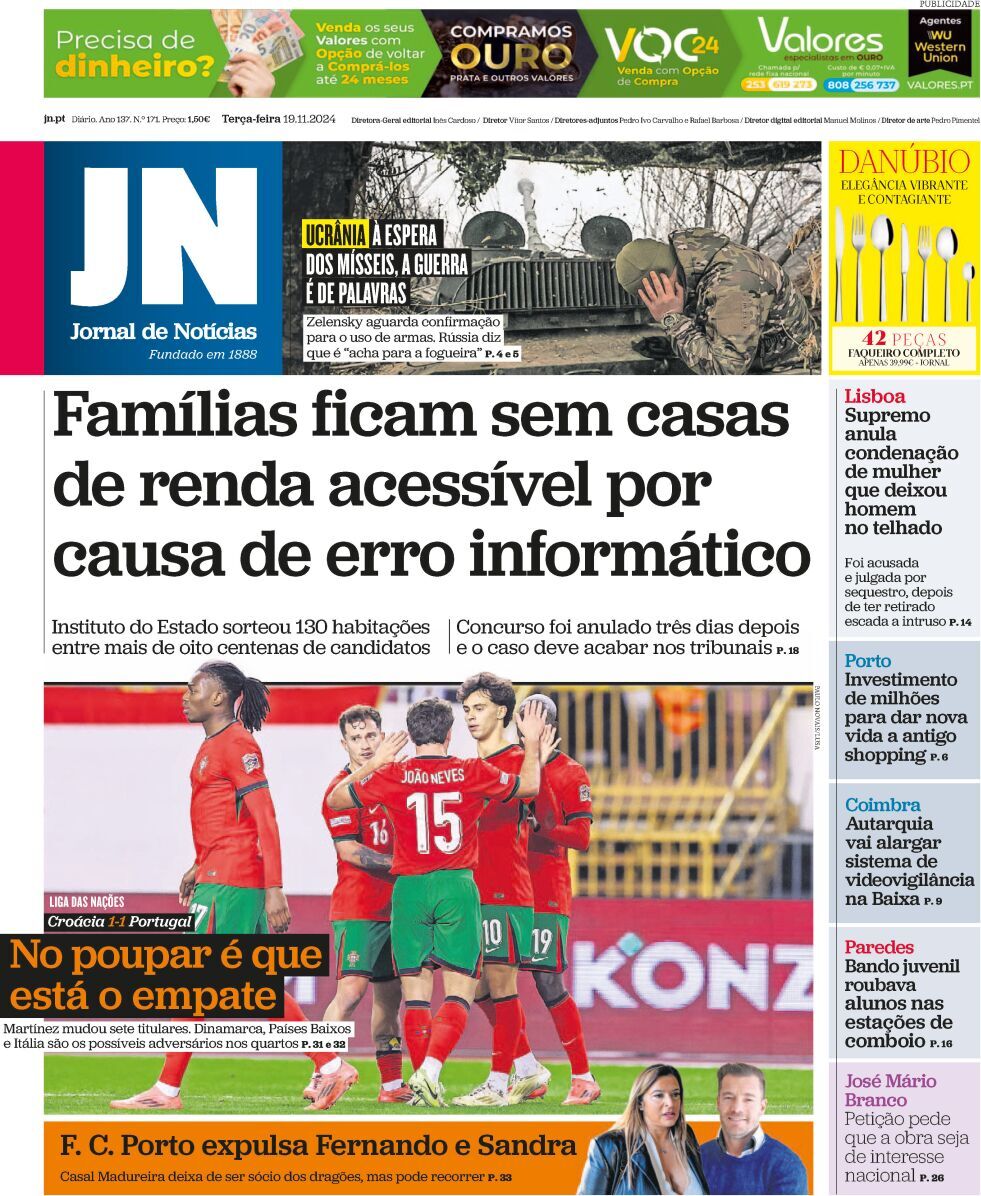 Jornal de Not&iacute;cias: Capa da Edi&ccedil;&atilde;o de ter&ccedil;a-feira, 19 de novembro 2024