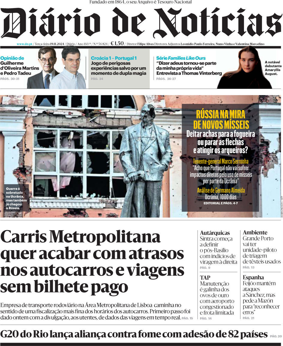 Di&aacute;rio de Not&iacute;cias: Capa da Edi&ccedil;&atilde;o de ter&ccedil;a-feira, 19 de novembro 2024