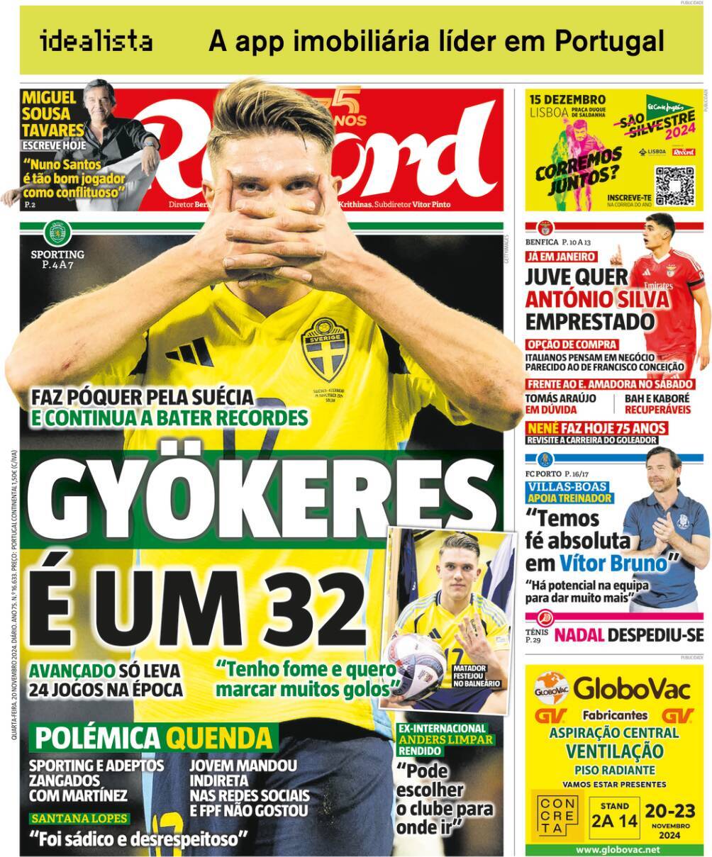 Record: Capa da Edi&ccedil;&atilde;o de quarta-feira, 20 de novembro 2024