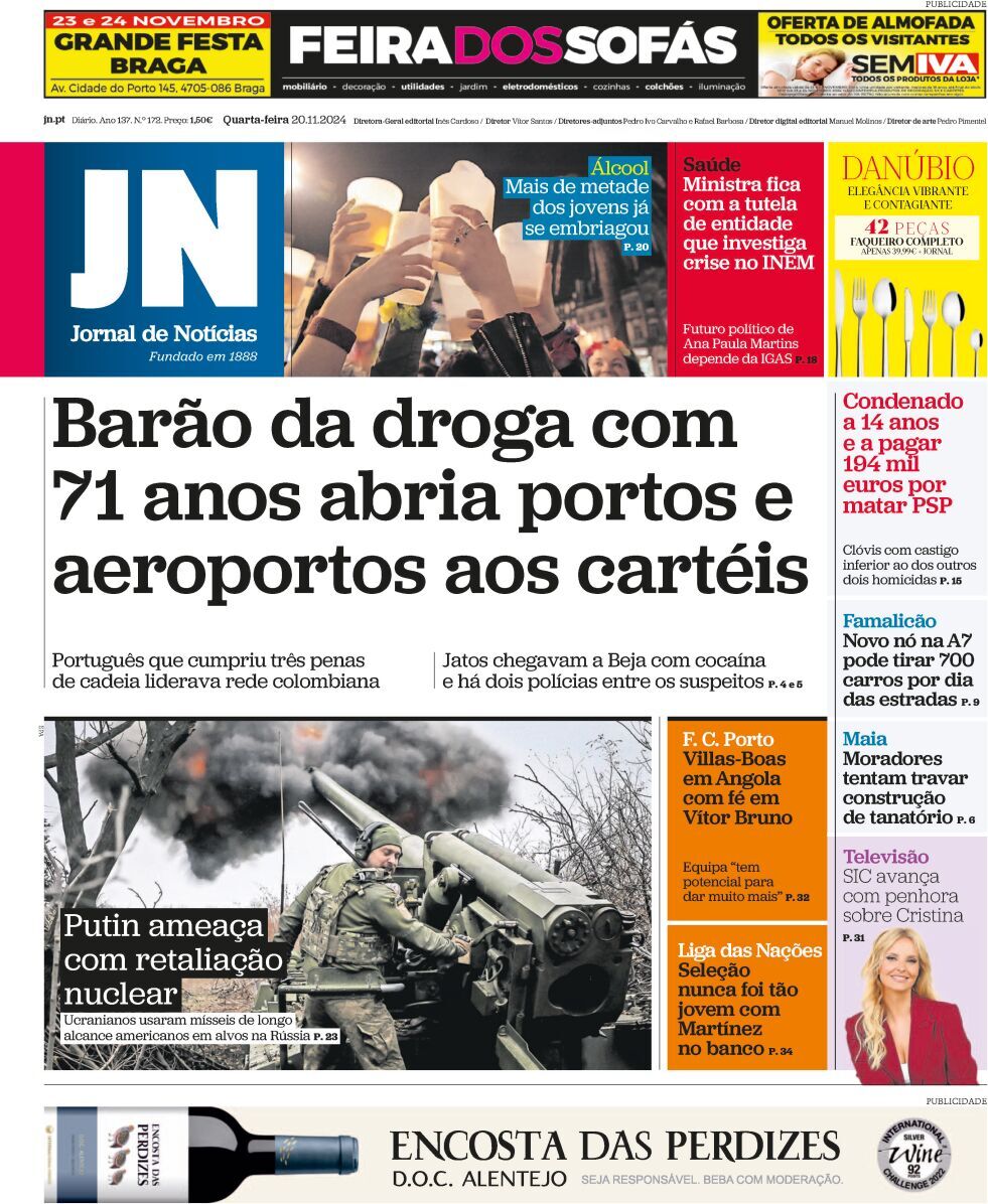 Jornal de Not&iacute;cias: Capa da Edi&ccedil;&atilde;o de quarta-feira, 20 de novembro 2024
