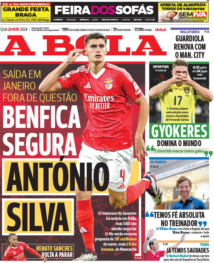 A Bola: Capa da Edi&ccedil;&atilde;o de quarta-feira, 20 de novembro 2024