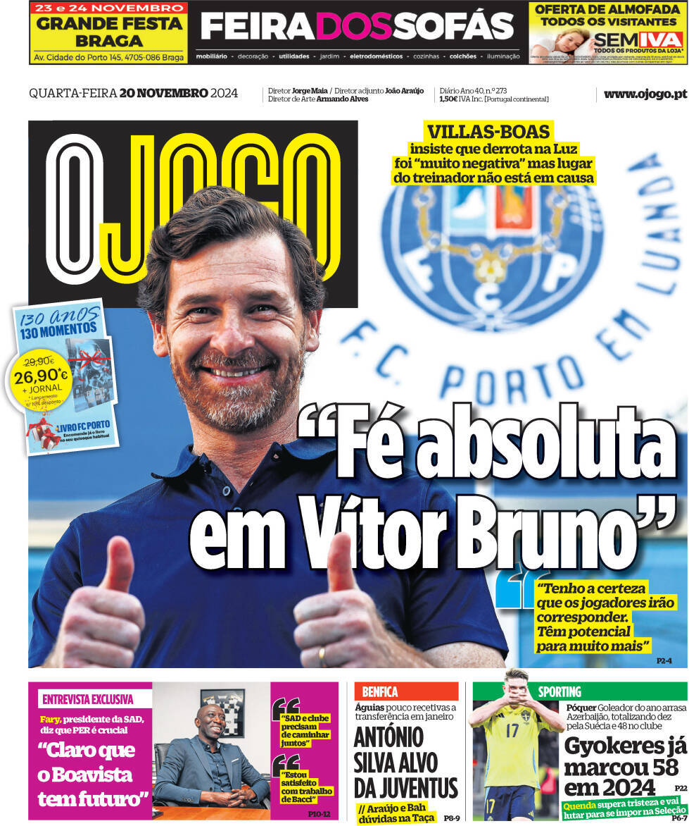 O Jogo: Capa da Edi&ccedil;&atilde;o de quarta-feira, 20 de novembro 2024