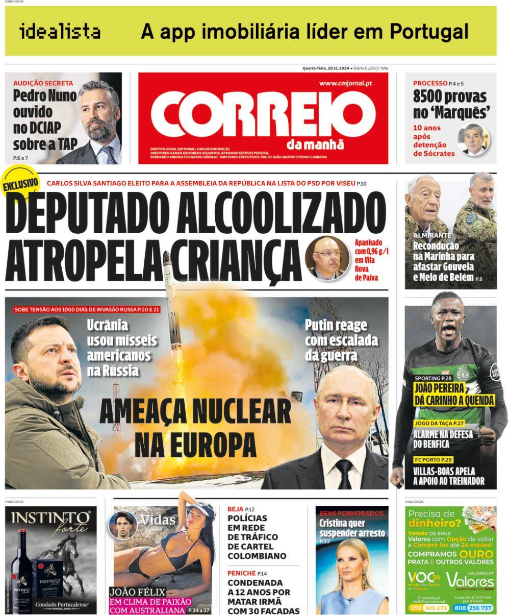 Correio da Manh&atilde;: Capa da Edi&ccedil;&atilde;o de quarta-feira, 20 de novembro 2024