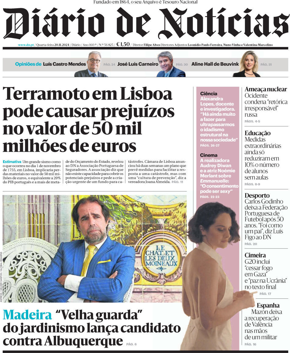 Di&aacute;rio de Not&iacute;cias: Capa da Edi&ccedil;&atilde;o de quarta-feira, 20 de novembro 2024