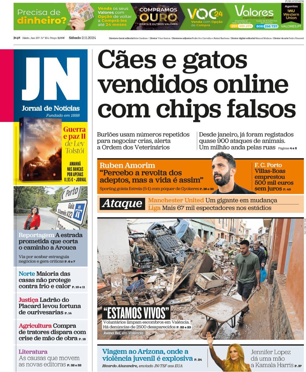 Jornal de Not&iacute;cias: Capa da Edi&ccedil;&atilde;o de s&aacute;bado, 02 de novembro 2024