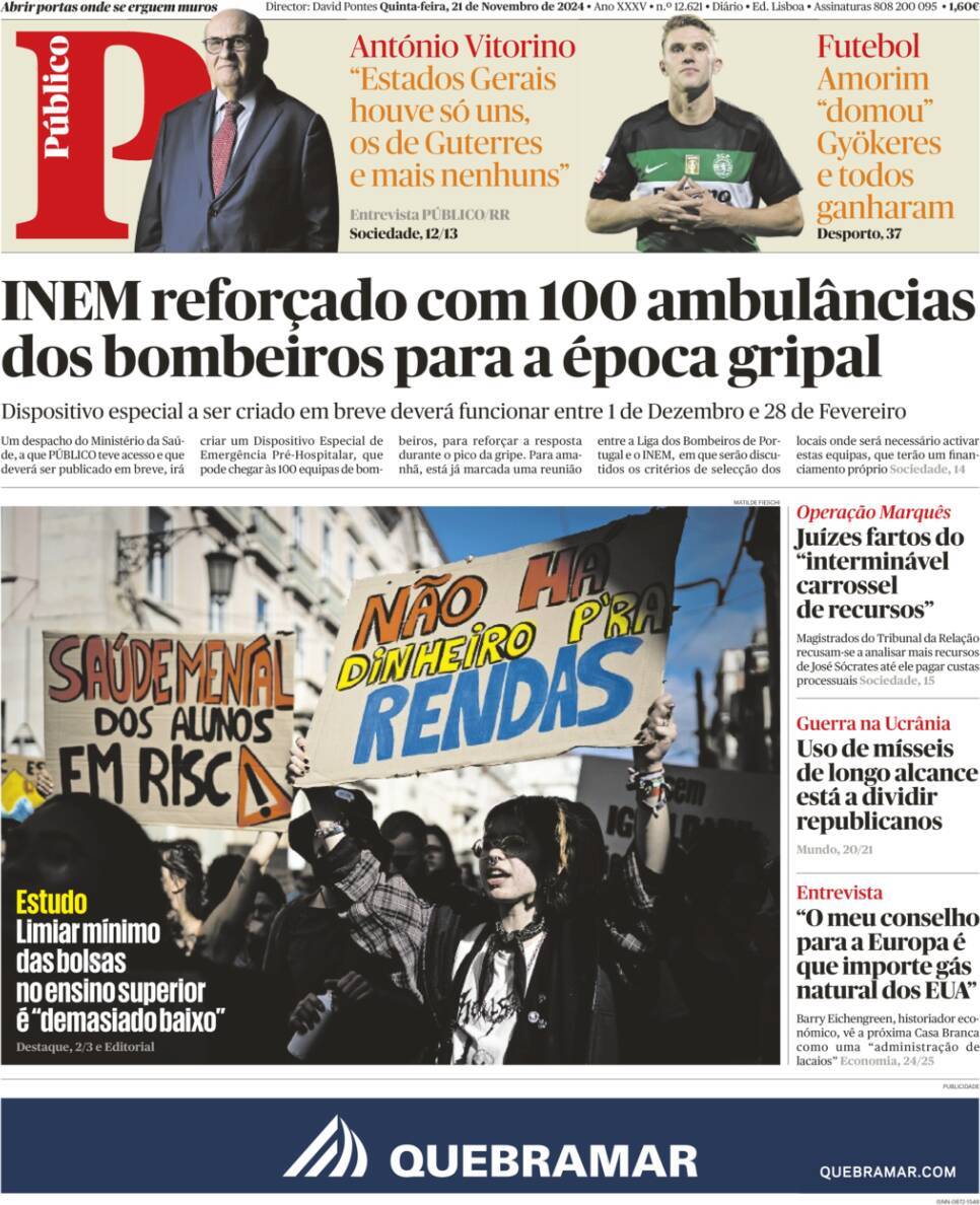 P&uacute;blico: Capa da Edi&ccedil;&atilde;o de quinta-feira, 21 de novembro 2024