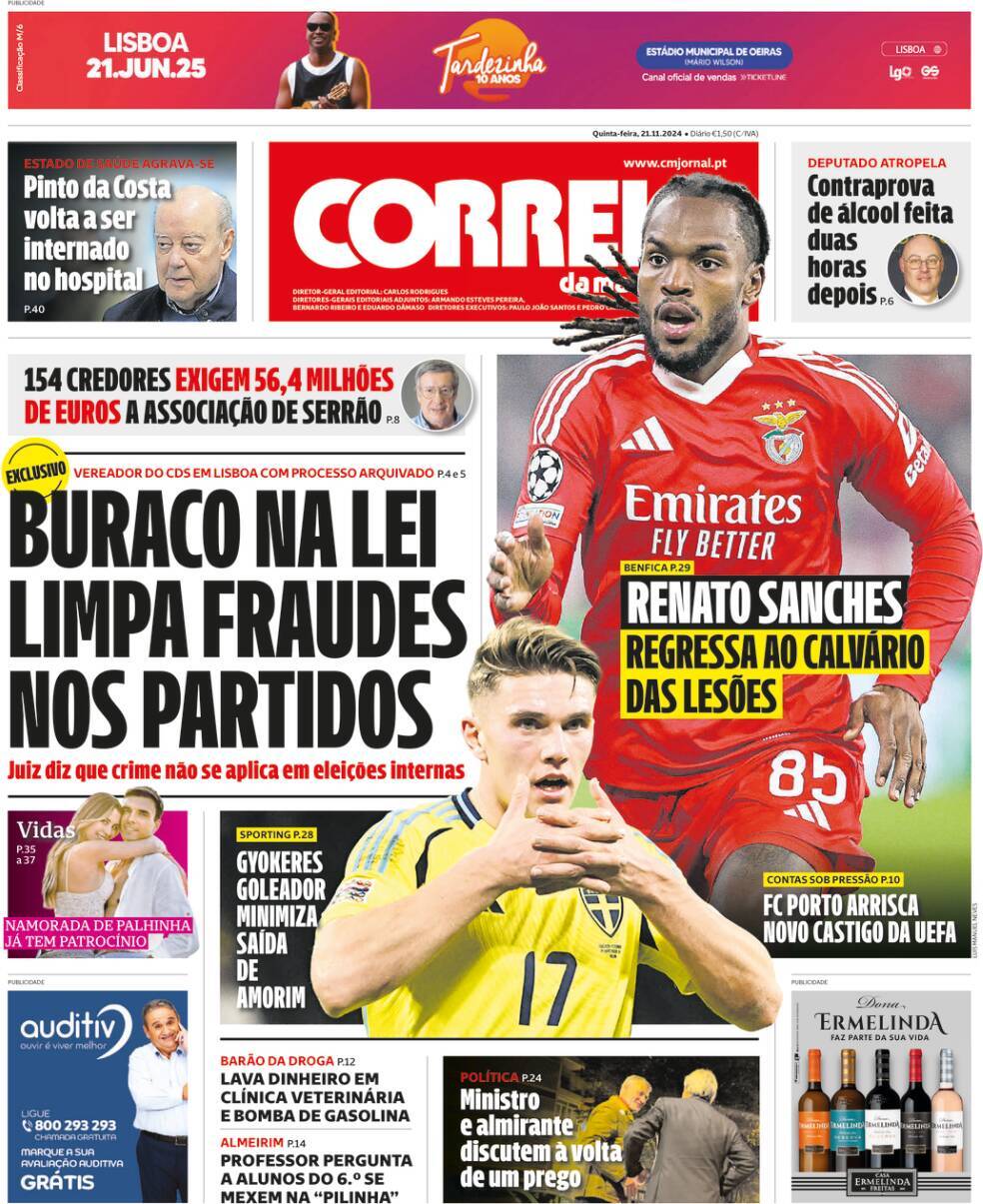 Correio da Manh&atilde;: Capa da Edi&ccedil;&atilde;o de quinta-feira, 21 de novembro 2024