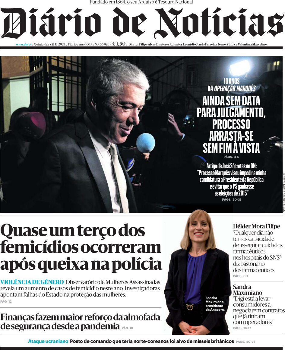 Di&aacute;rio de Not&iacute;cias: Capa da Edi&ccedil;&atilde;o de quinta-feira, 21 de novembro 2024