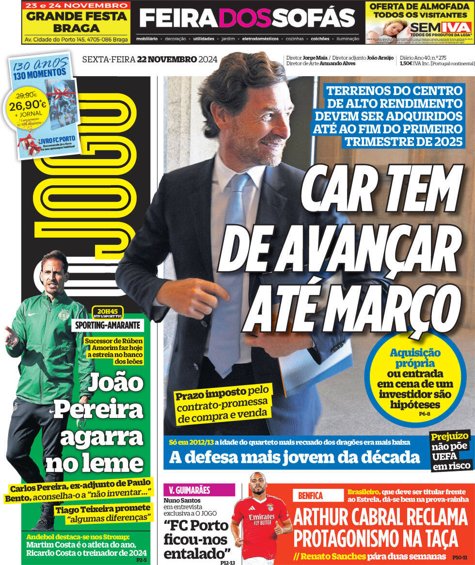 O Jogo: Capa da Edi&ccedil;&atilde;o de sexta-feira, 22 de novembro 2024