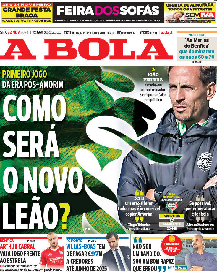 A Bola: Capa da Edi&ccedil;&atilde;o de sexta-feira, 22 de novembro 2024