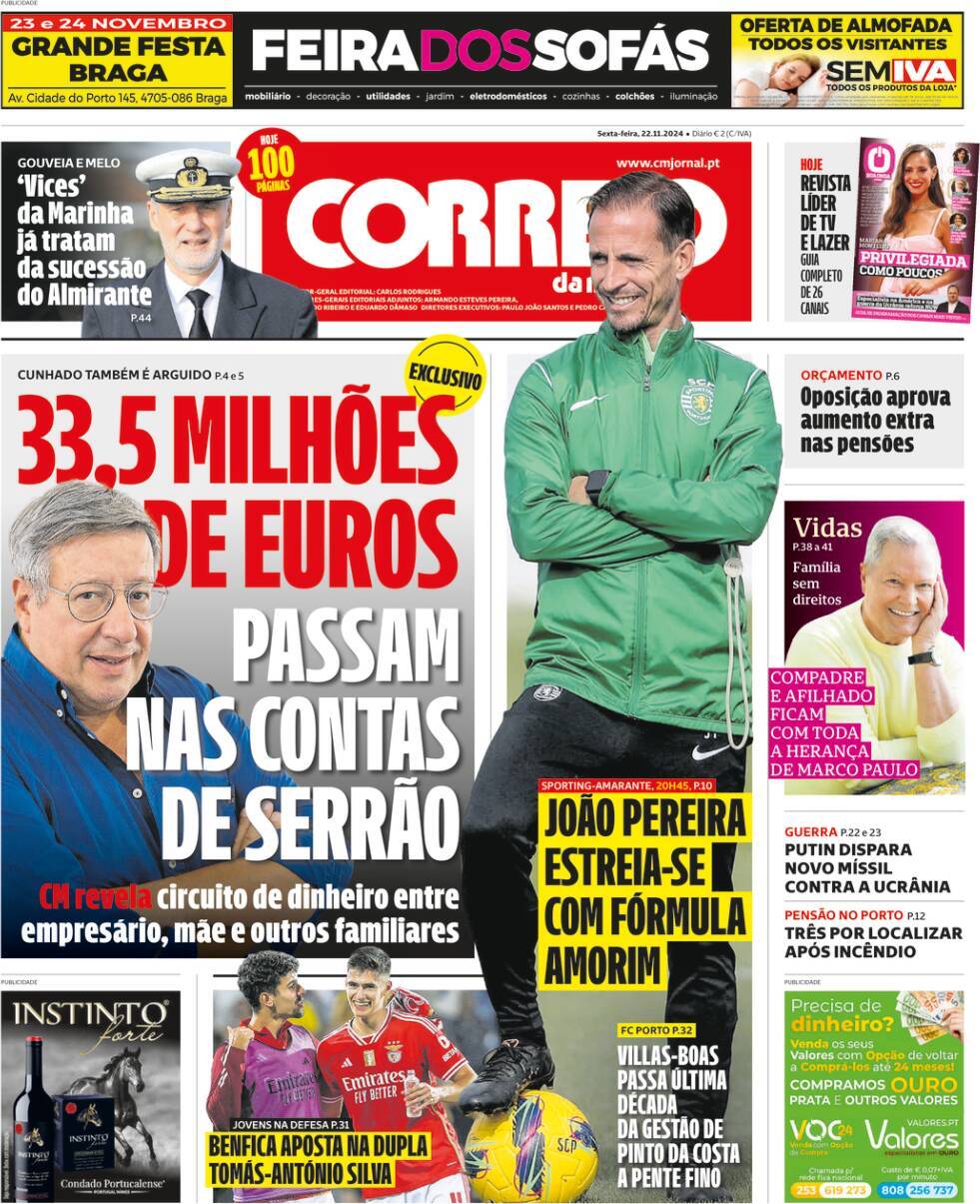 Correio da Manh&atilde;: Capa da Edi&ccedil;&atilde;o de sexta-feira, 22 de novembro 2024