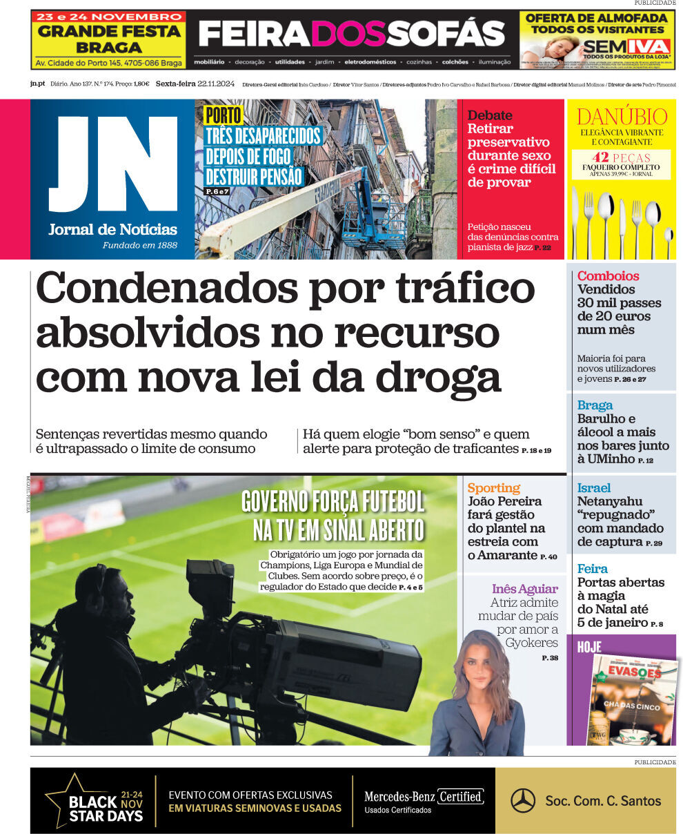 Jornal de Not&iacute;cias: Capa da Edi&ccedil;&atilde;o de sexta-feira, 22 de novembro 2024