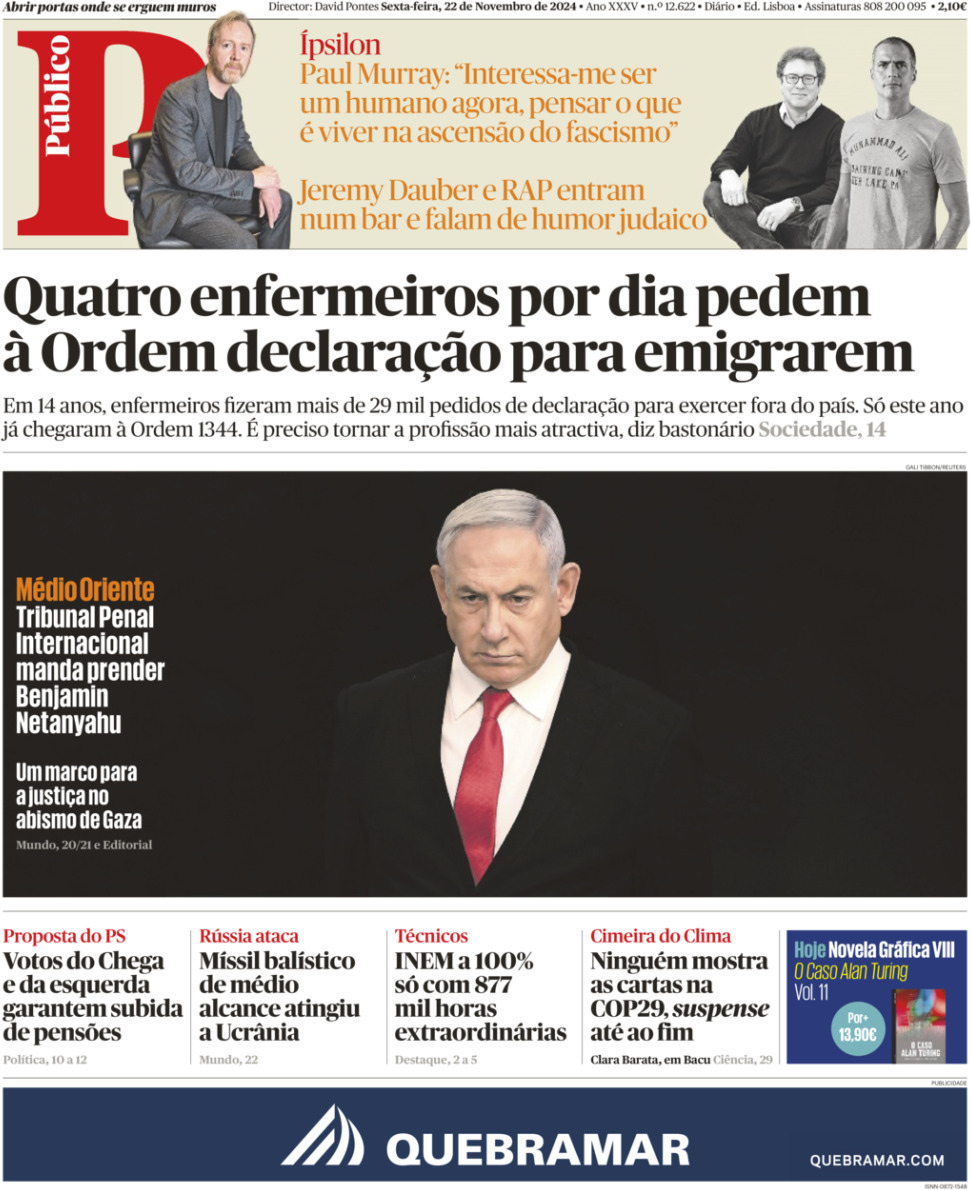 P&uacute;blico: Capa da Edi&ccedil;&atilde;o de sexta-feira, 22 de novembro 2024