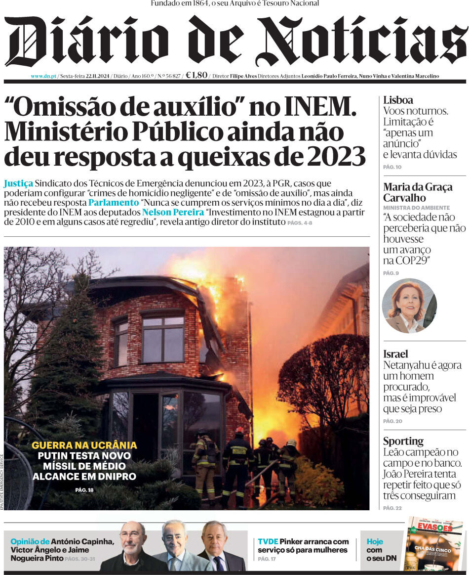 Di&aacute;rio de Not&iacute;cias: Capa da Edi&ccedil;&atilde;o de sexta-feira, 22 de novembro 2024