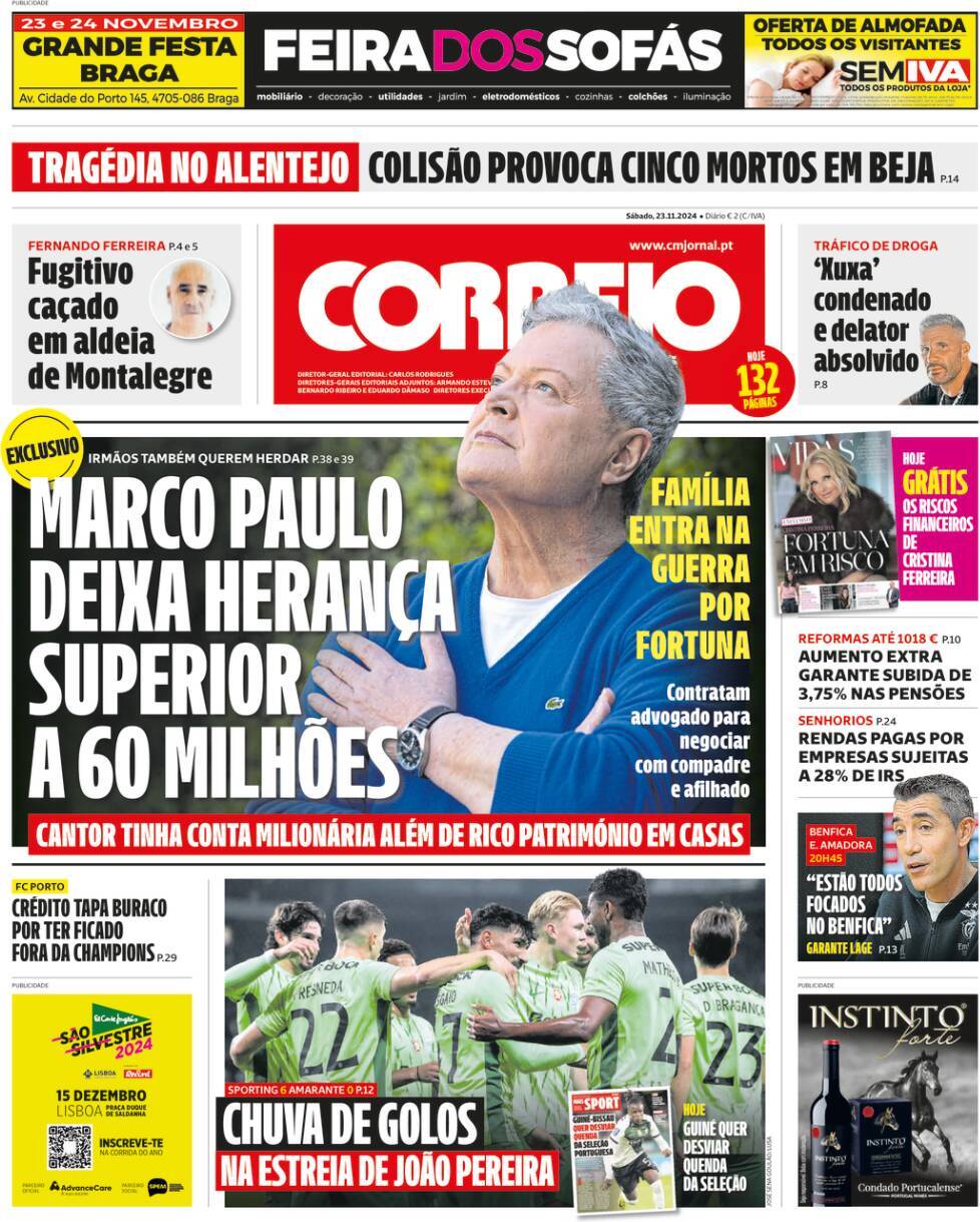 Correio da Manh&atilde;: Capa da Edi&ccedil;&atilde;o de s&aacute;bado, 23 de novembro 2024