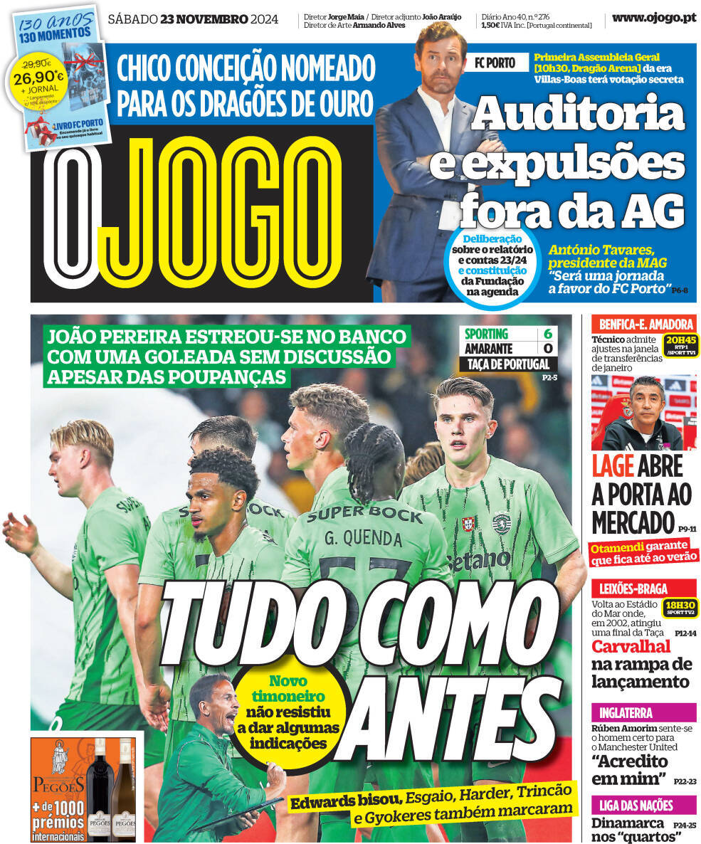 O Jogo: Capa da Edi&ccedil;&atilde;o de s&aacute;bado, 23 de novembro 2024