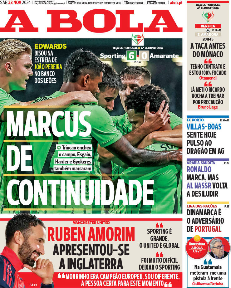 A Bola: Capa da Edi&ccedil;&atilde;o de s&aacute;bado, 23 de novembro 2024