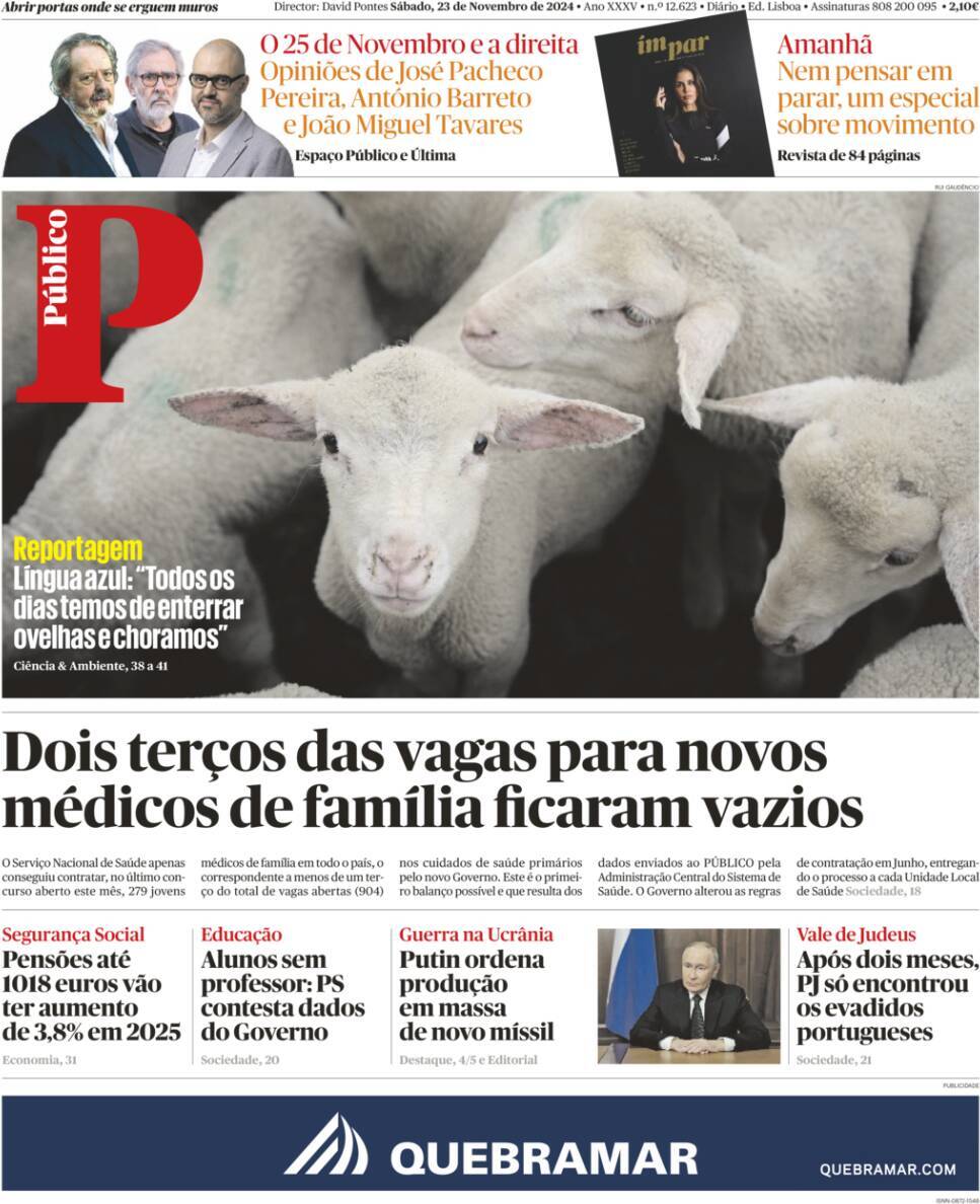P&uacute;blico: Capa da Edi&ccedil;&atilde;o de s&aacute;bado, 23 de novembro 2024