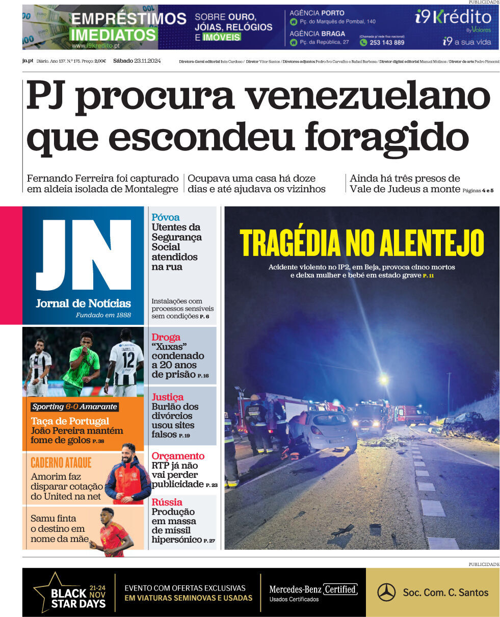 Jornal de Not&iacute;cias: Capa da Edi&ccedil;&atilde;o de s&aacute;bado, 23 de novembro 2024