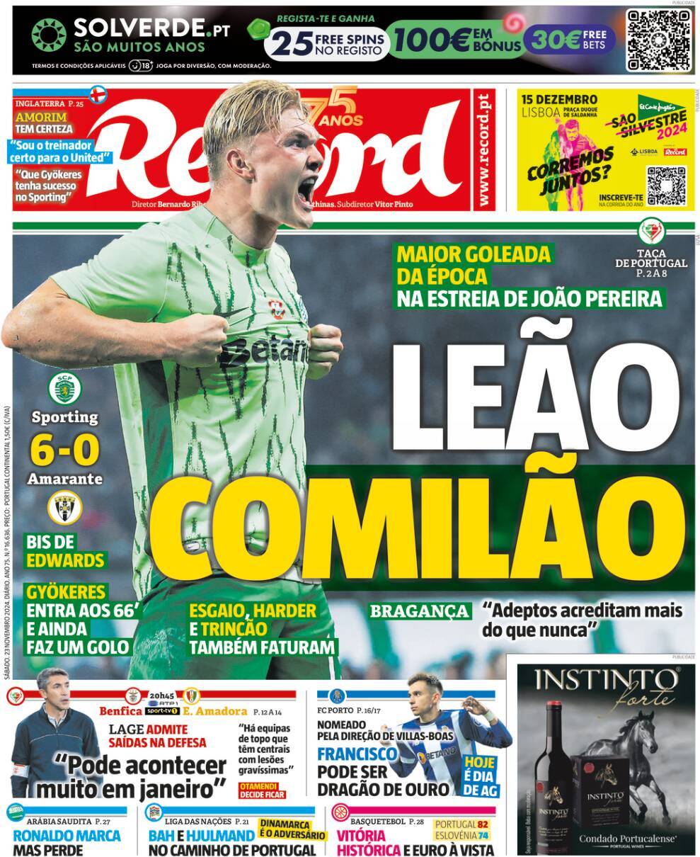 Record: Capa da Edi&ccedil;&atilde;o de s&aacute;bado, 23 de novembro 2024