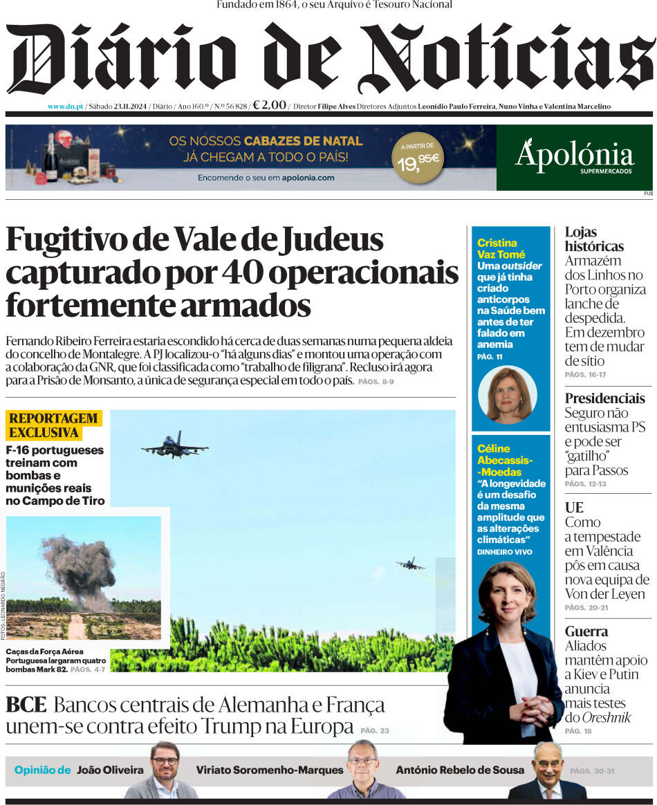 Di&aacute;rio de Not&iacute;cias: Capa da Edi&ccedil;&atilde;o de s&aacute;bado, 23 de novembro 2024