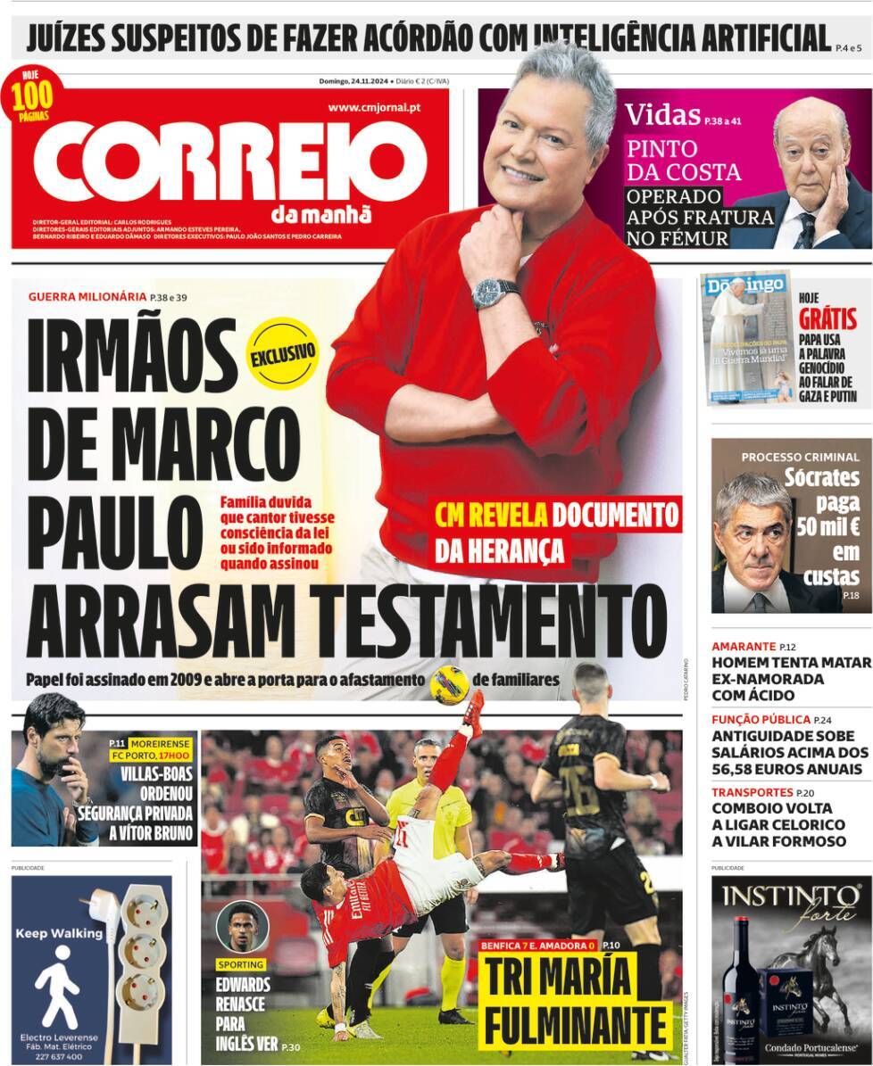 Correio da Manh&atilde;: Capa da Edi&ccedil;&atilde;o de domingo, 24 de novembro 2024