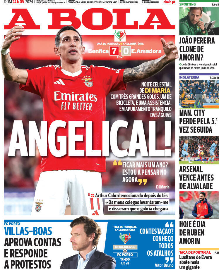 A Bola: Capa da Edi&ccedil;&atilde;o de domingo, 24 de novembro 2024