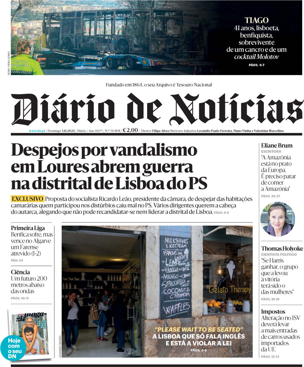Di&aacute;rio de Not&iacute;cias: Capa da Edi&ccedil;&atilde;o de domingo, 03 de novembro 2024
