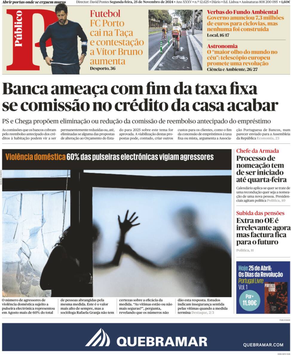 P&uacute;blico: Capa da Edi&ccedil;&atilde;o de segunda-feira, 25 de novembro 2024