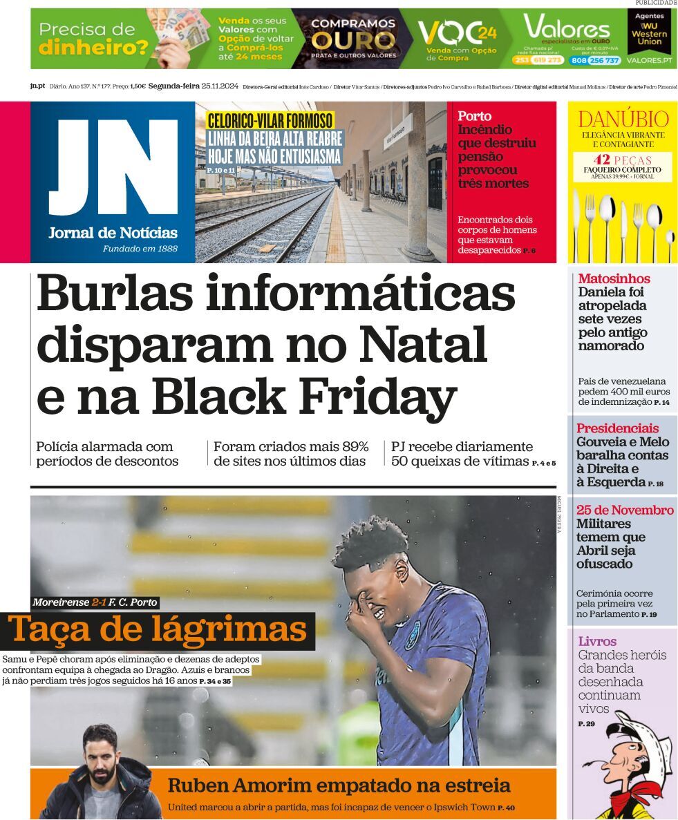 Jornal de Not&iacute;cias: Capa da Edi&ccedil;&atilde;o de segunda-feira, 25 de novembro 2024