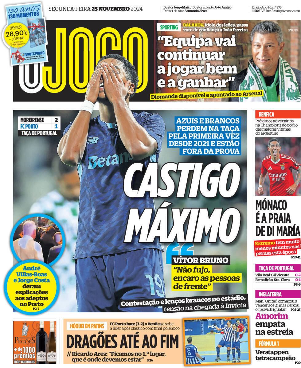 O Jogo: Capa da Edi&ccedil;&atilde;o de segunda-feira, 25 de novembro 2024