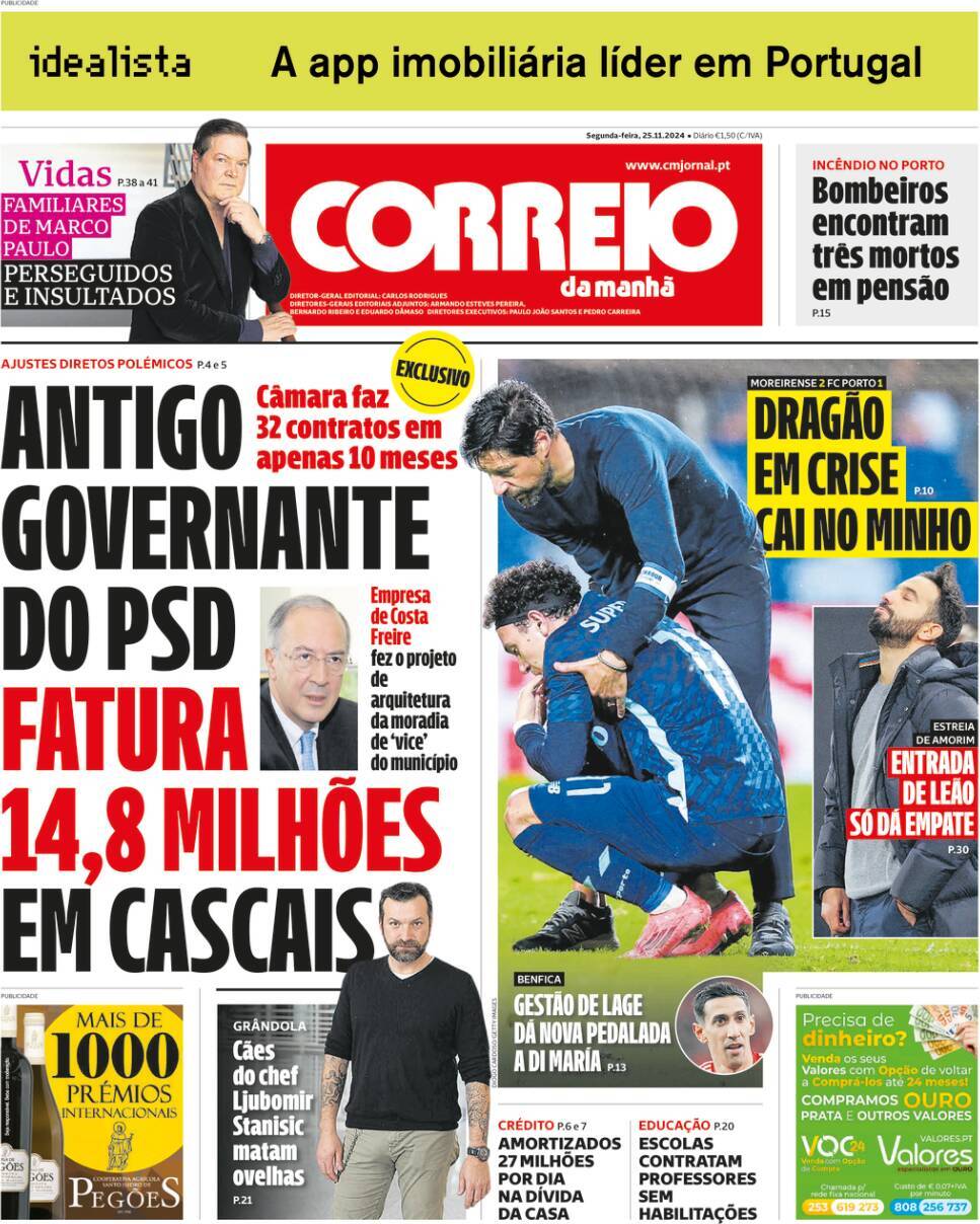 Correio da Manh&atilde;: Capa da Edi&ccedil;&atilde;o de segunda-feira, 25 de novembro 2024