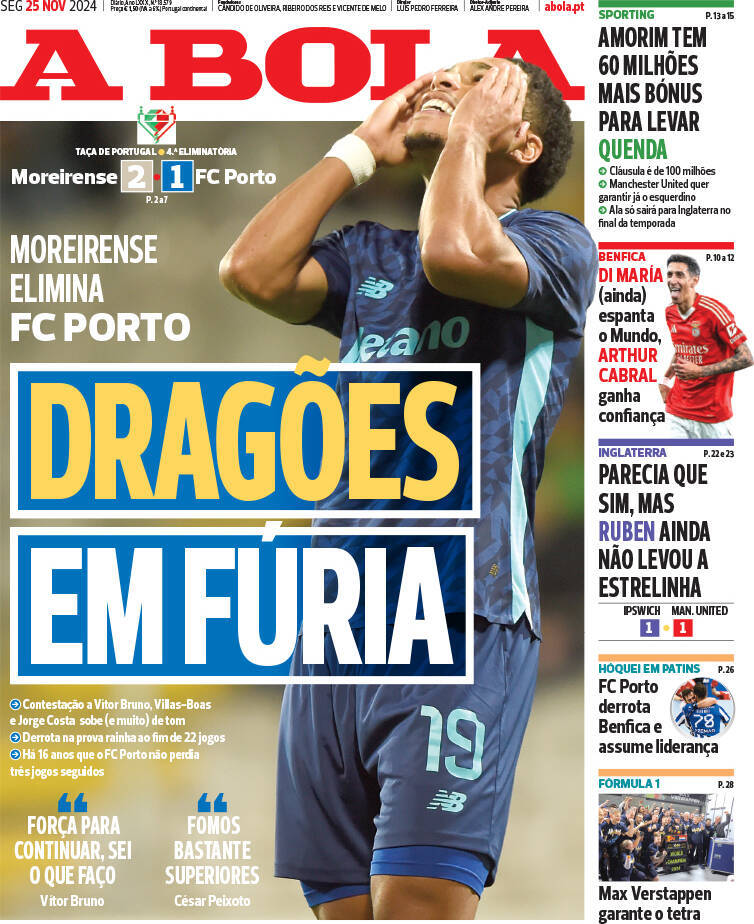 A Bola: Capa da Edi&ccedil;&atilde;o de segunda-feira, 25 de novembro 2024