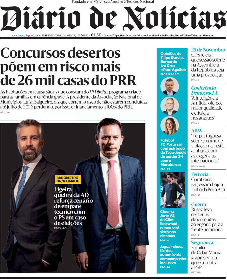 Di&aacute;rio de Not&iacute;cias: Capa da Edi&ccedil;&atilde;o de segunda-feira, 25 de novembro 2024