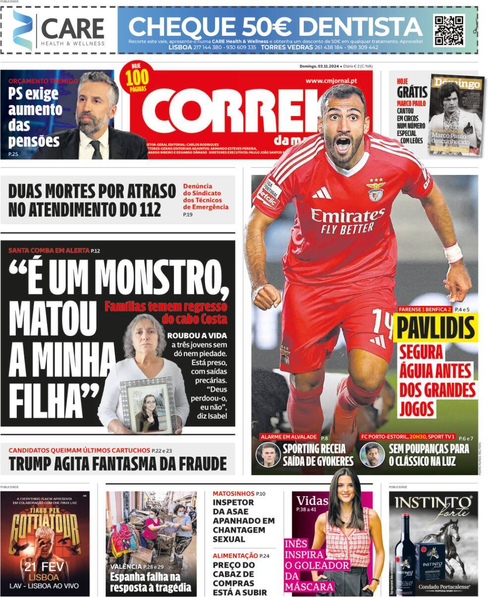 Correio da Manh&atilde;: Capa da Edi&ccedil;&atilde;o de domingo, 03 de novembro 2024