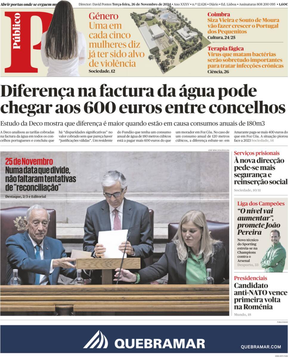 P&uacute;blico: Capa da Edi&ccedil;&atilde;o de ter&ccedil;a-feira, 26 de novembro 2024
