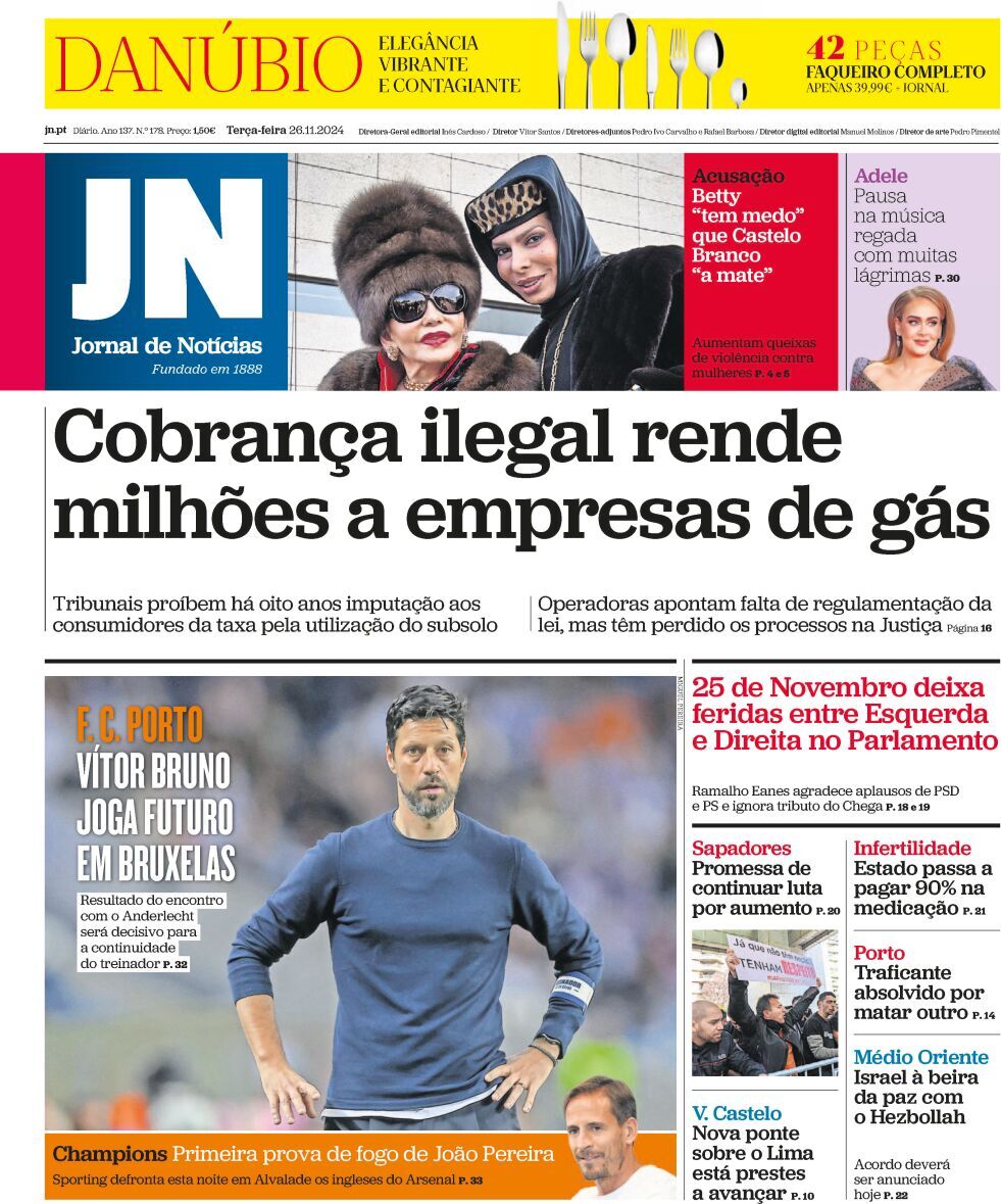 Jornal de Not&iacute;cias: Capa da Edi&ccedil;&atilde;o de ter&ccedil;a-feira, 26 de novembro 2024