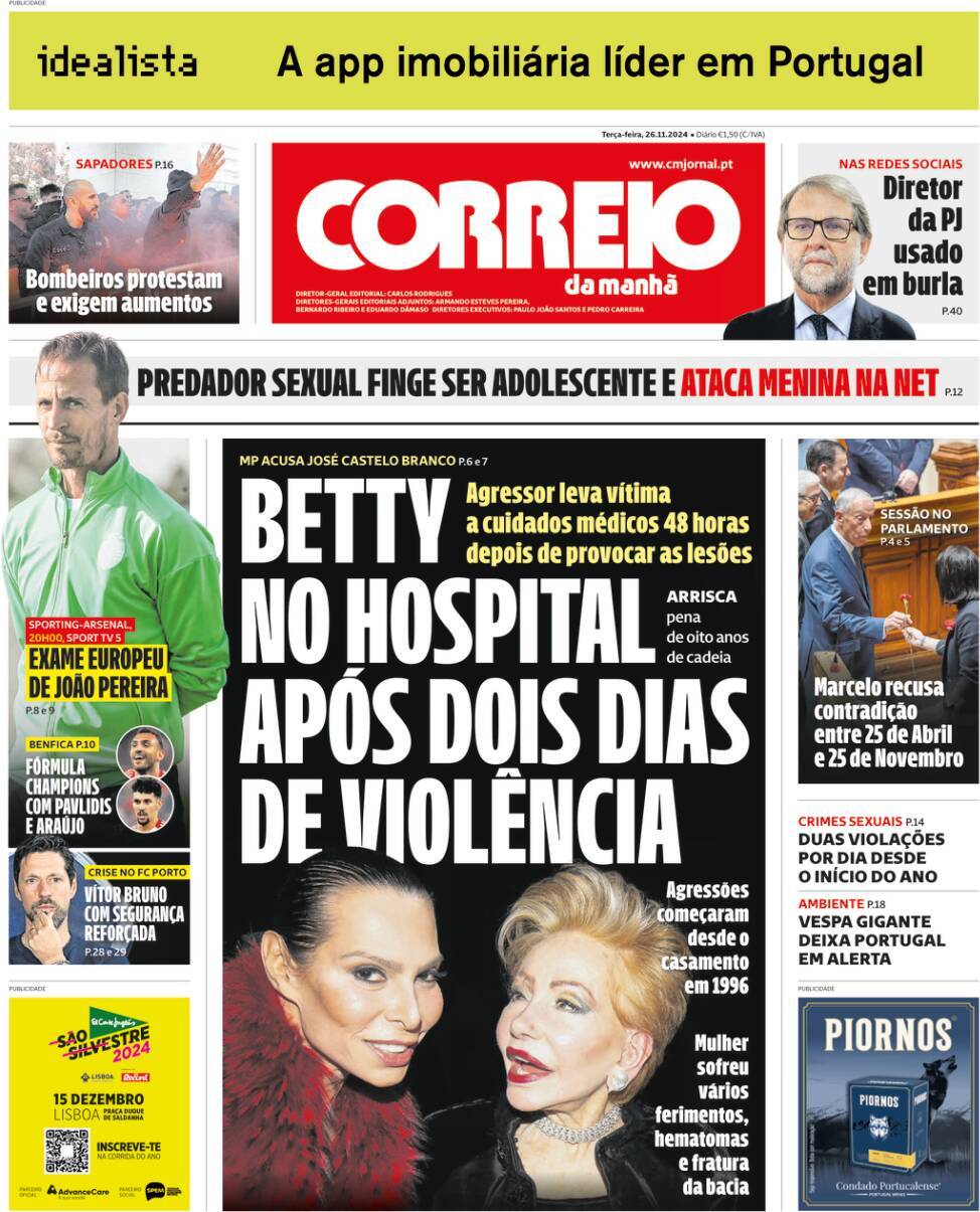 Correio da Manh&atilde;: Capa da Edi&ccedil;&atilde;o de ter&ccedil;a-feira, 26 de novembro 2024