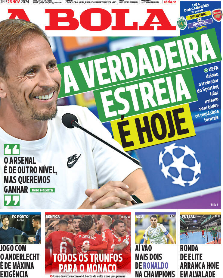 A Bola: Capa da Edi&ccedil;&atilde;o de ter&ccedil;a-feira, 26 de novembro 2024