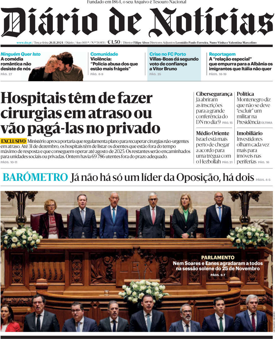 Di&aacute;rio de Not&iacute;cias: Capa da Edi&ccedil;&atilde;o de ter&ccedil;a-feira, 26 de novembro 2024