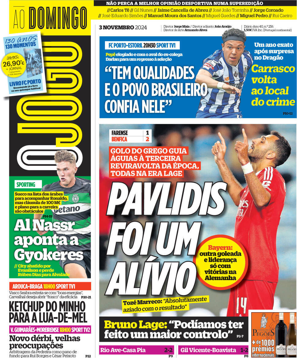 O Jogo: Capa da Edi&ccedil;&atilde;o de domingo, 03 de novembro 2024