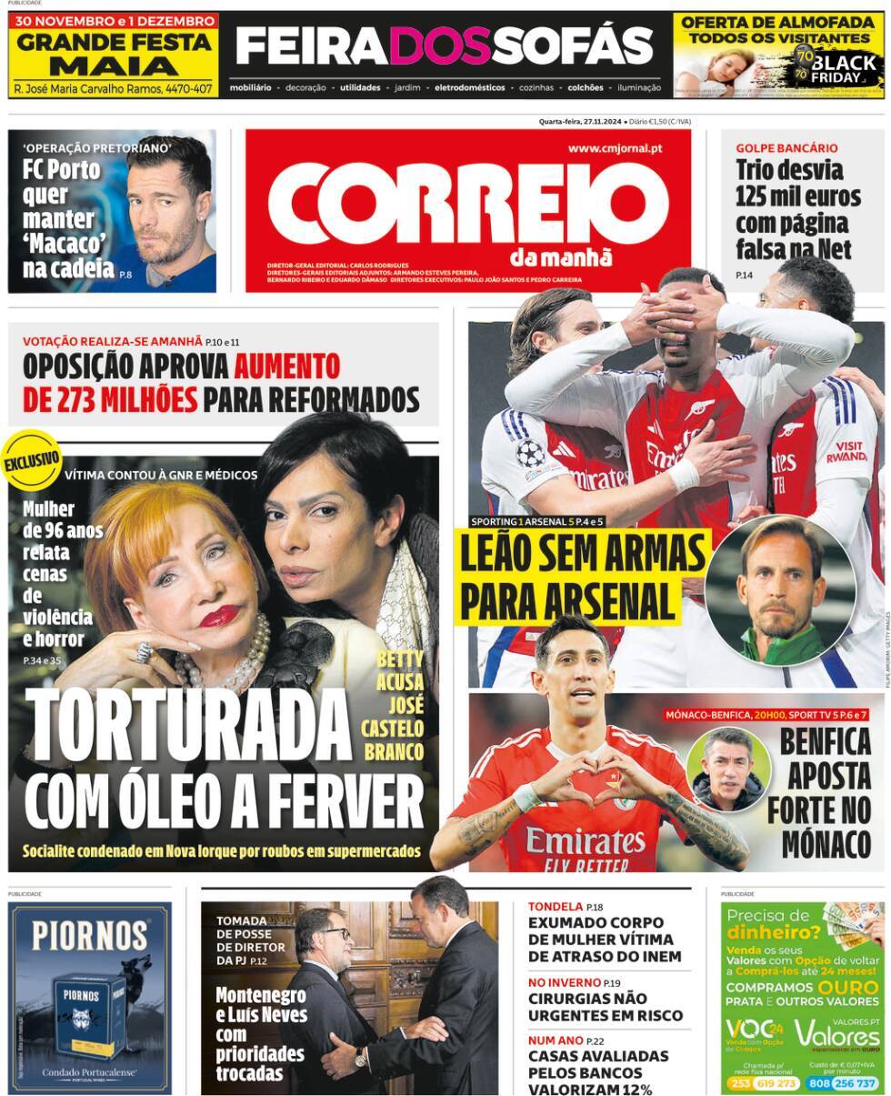 A Bola: Capa da Edi&ccedil;&atilde;o de quarta-feira, 27 de novembro 2024